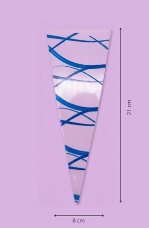 Bolsa cono de celofán decorada con espiral azul 8x21 cm para empaque de productos al mayoreo