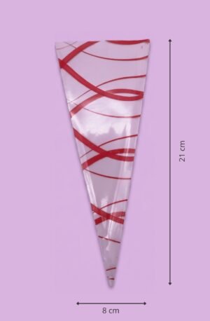 Bolsa cono de celofán decorada con espiral rojo 8x21 cm para empaque de productos al mayoreo