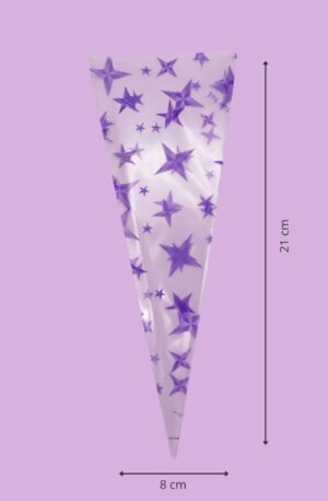 Bolsa cono de celofán decorada con estrellas 8x21 cm para empaque de productos al mayoreo