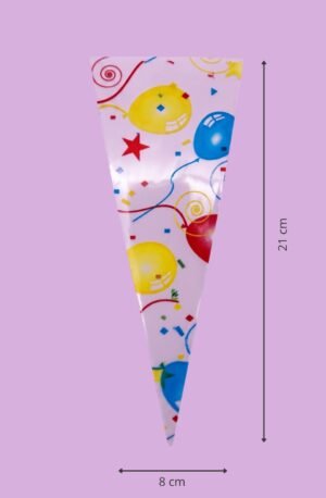 Bolsa cono de celofán decorada cumpleaños 8x21 cm para empaque de productos al mayoreo