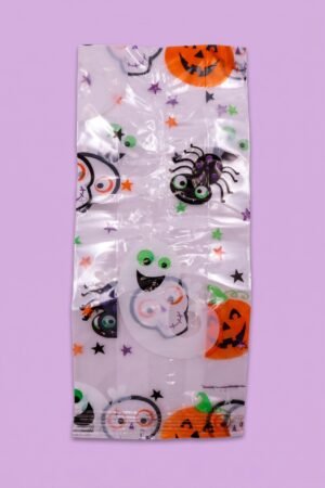 Bolsa de celofán con fuelle 10x23 cm decorada con fantasmas, calabaza y araña para Halloween, venta al mayoreo