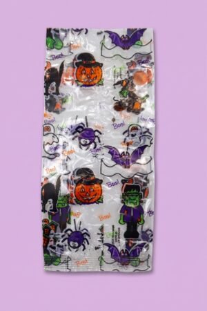 Bolsa de celofán con fuelle 10x23 cm decorada con calabaza, araña, bruja y Frankenstein para Halloween, venta al mayoreo