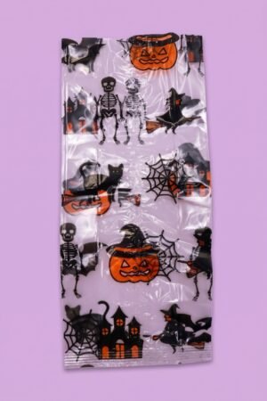 Bolsa de celofán con fuelle 13x31 cm decorada con calabaza, bruja, esqueleto y murciélago para Halloween, venta al mayoreo