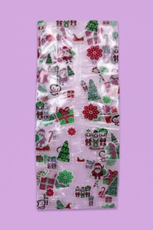 Bolsa de celofán con fuelle 10x23 cm decorada con Santa Claus, árbol de navidad y pingüino, venta al mayoreo