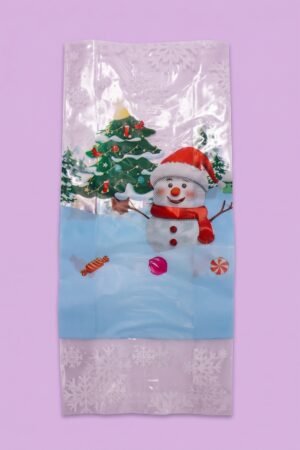 Bolsa de celofán con fuelle 13x30 cm decorada con muñeco de nieve para navidad, venta al mayoreo