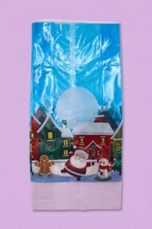 Bolsa de celofán con fuelle 13x30 cm decorada con Santa Claus, muñeco de nieve y galleta de jengibre navideña, venta al mayoreo
