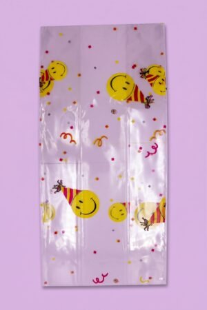 Bolsa de celofán peluchera decorada con caritas felices y gorritos de fiesta, venta al mayoreo