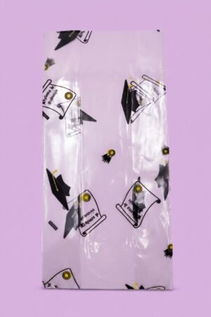 Bolsa de celofán peluchera decorada con diploma y birrete negro y amarillo para graduación, venta al mayoreo