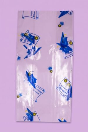 Bolsa de celofán peluchera decorada con diploma y birrete azul y amarillo para graduación, venta al mayoreo