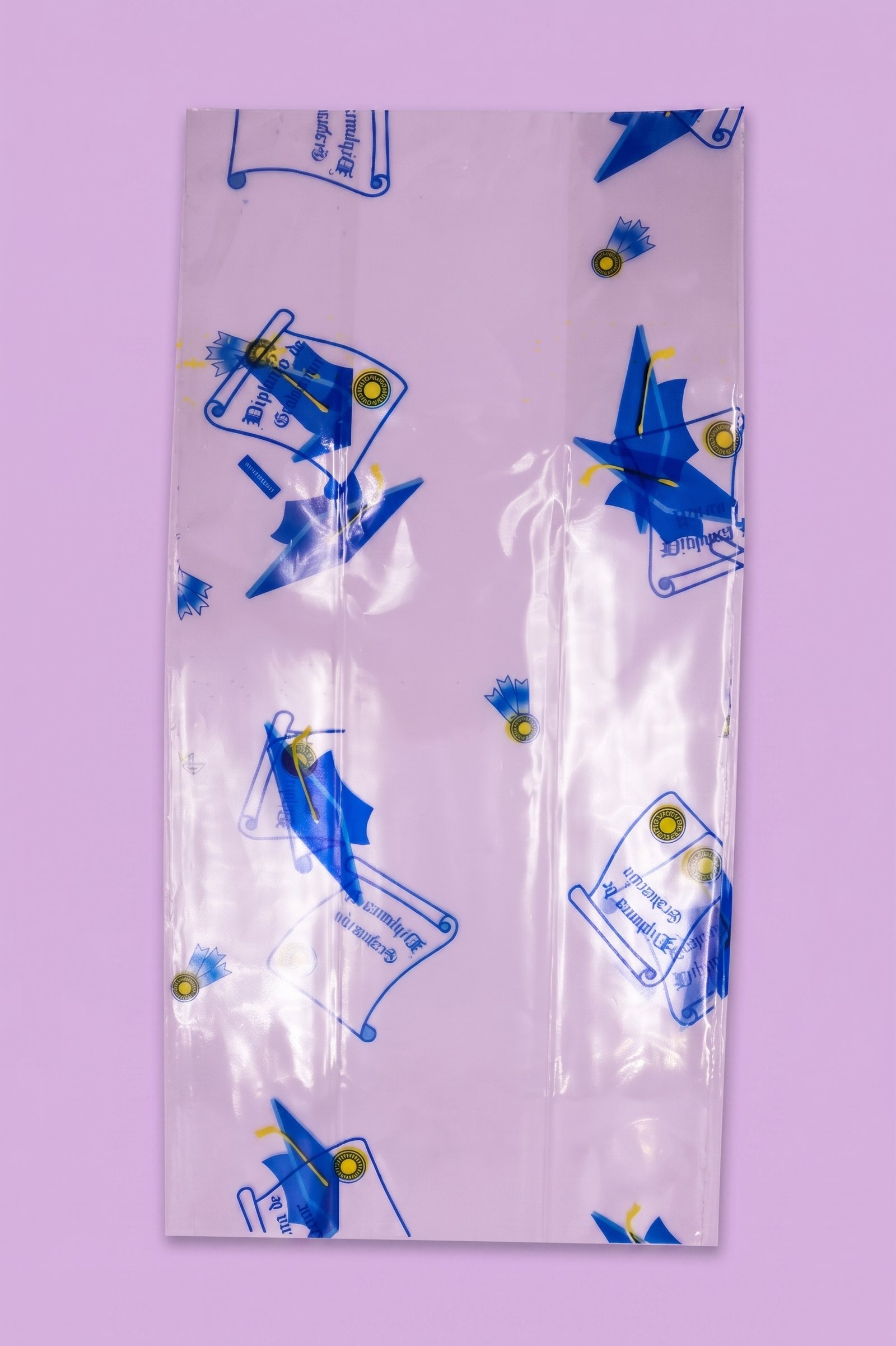 Bolsa de celofán peluchera decorada con diploma y birrete azul y amarillo para graduación, venta al mayoreo