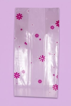 Bolsa de celofán peluchera decorada con flores tipo margaritas color rosa, venta al mayoreo