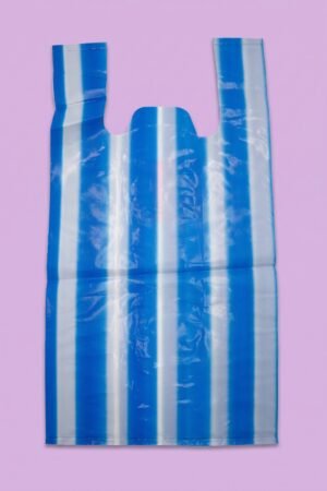 Bolsa de polietileno con asa rayas blanco y azul 28x17x39 cm para empaque de regalos, venta al mayoreo