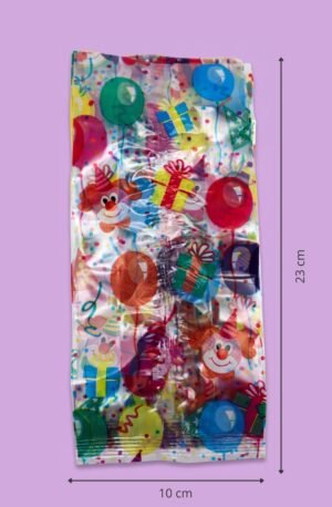 Bolsa de celofán transparente con fuelle decorada puntos colores 10x5x23 cm para empaque de productos al mayoreo