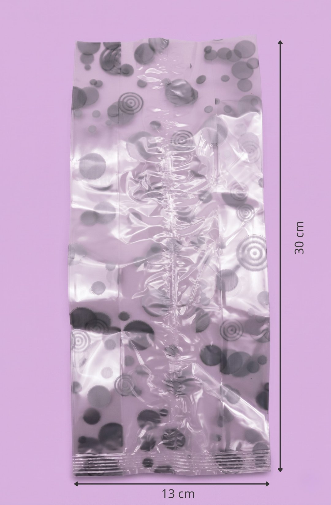 Bolsa de celofán transparente con fuelle decorada espiral 13x7x35 cm para empaque de productos al mayoreo