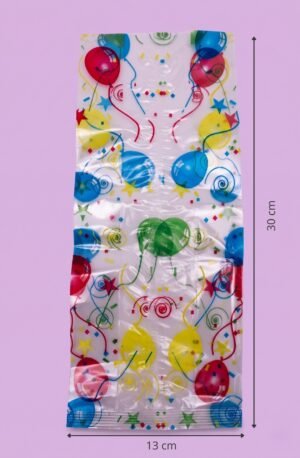 Bolsa de celofán transparente con fuelle decorada fiesta 13x7x35 cm para empaque de productos al mayoreo