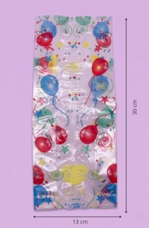 Bolsa de celofán transparente con fuelle decorada globos 13x7x35 cm para empaque de productos al mayoreo