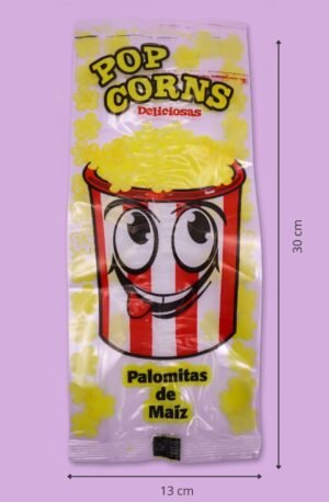 Bolsa de celofán transparente con fuelle decorada palomitas 13x7x35 cm para empaque de productos al mayoreo