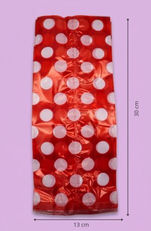 Bolsa de celofán transparente con fuelle decorada puntos 13x7x35 cm para empaque de productos al mayoreo
