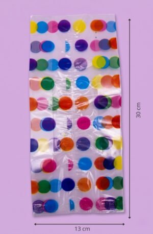 Bolsa de celofán transparente con fuelle decorada puntos colores 13x7x35 cm para empaque de productos al mayoreo