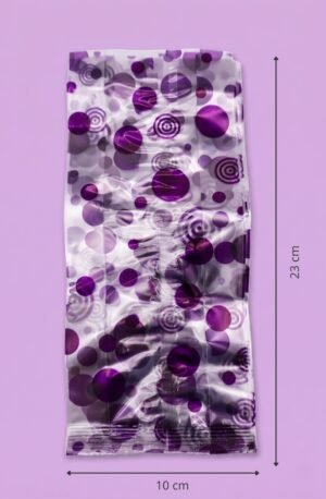 Bolsa de celofán transparente con fuelle decorada puntos colores 10x5x23 cm para empaque de productos al mayoreo