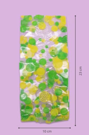 Bolsa de celofán transparente con fuelle decorada puntos colores 10x5x23 cm para empaque de productos al mayoreo