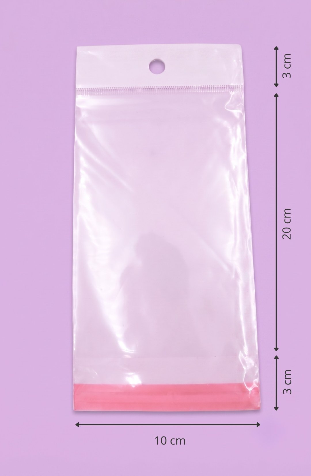 Bolsa de polipropileno transparente con cenefa, euroslot y cierre autoadherible, medida 10x20+3+3 cm, para empaque de productos al mayoreo