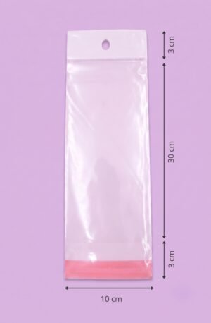 Bolsa de polipropileno transparente con cenefa, euroslot y cierre autoadherible, medida 10x30+3+3 cm, para empaque de productos al mayoreo