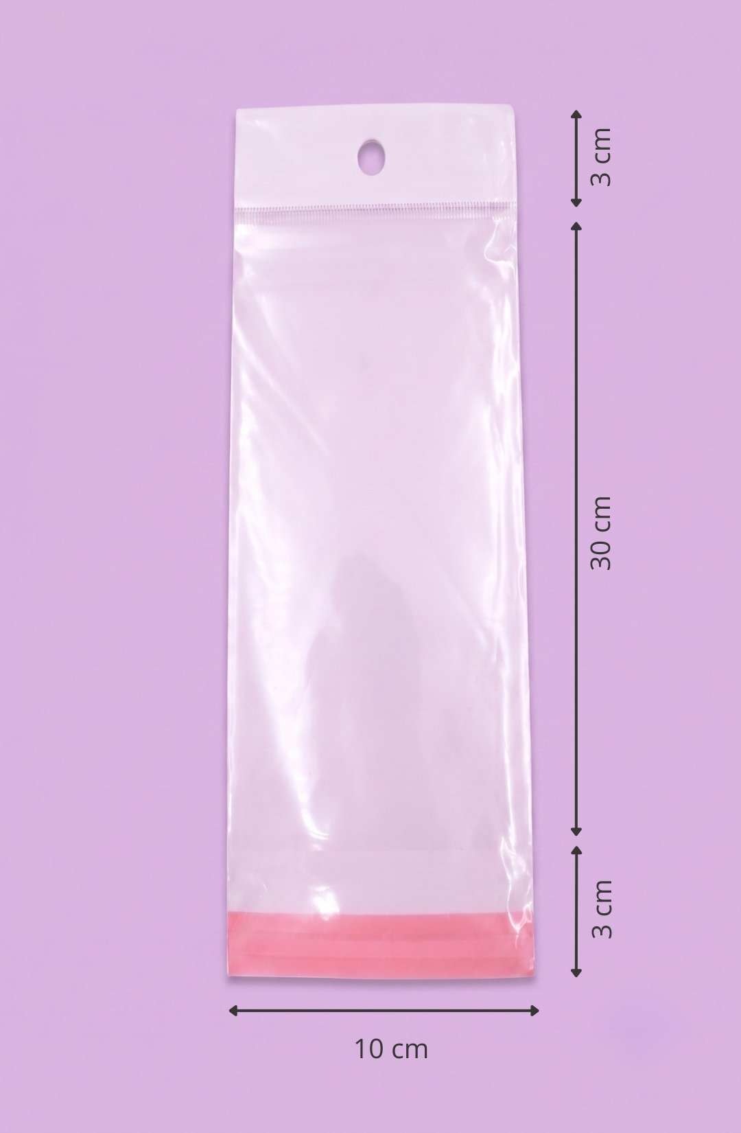 Bolsa de polipropileno transparente con cenefa, euroslot y cierre autoadherible, medida 10x30+3+3 cm, para empaque de productos al mayoreo