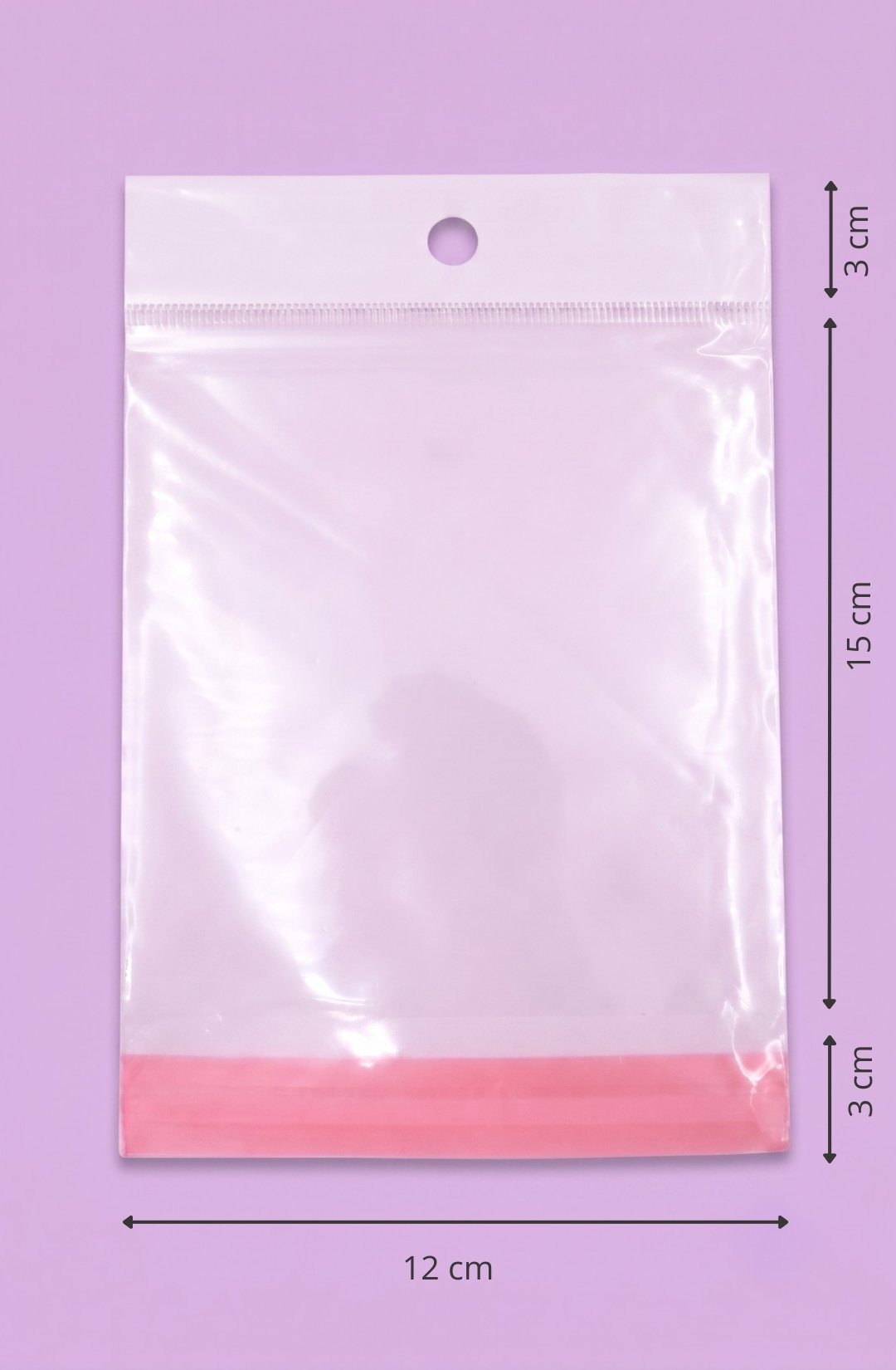Bolsa de polipropileno transparente con cenefa, euroslot y cierre autoadherible, medida 12x15+3+3 cm, para empaque de productos al mayoreo