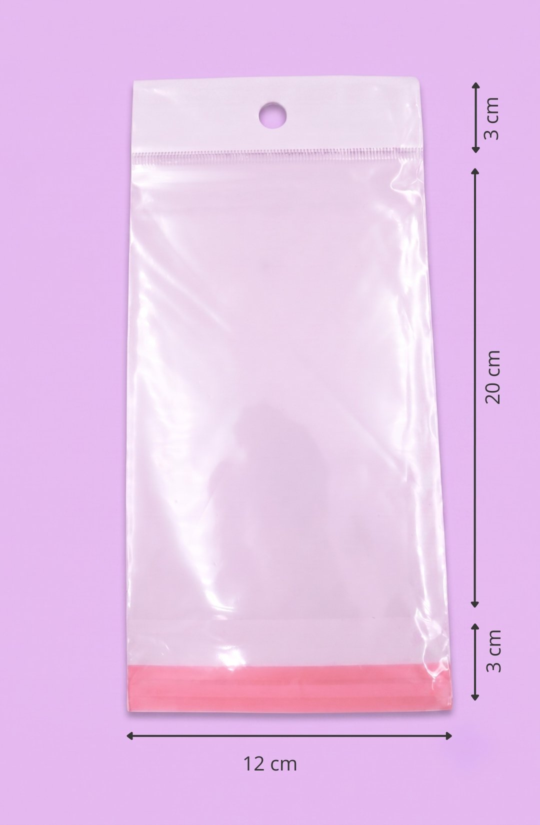 Bolsa de polipropileno transparente con cenefa, euroslot y cierre autoadherible, medida 12x20+3+3 cm, para empaque de productos al mayoreo