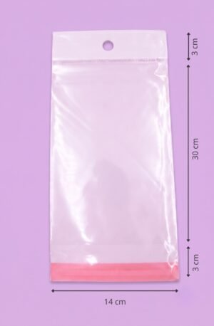 Bolsa de polipropileno transparente con cenefa, euroslot y cierre autoadherible, medida 14x30+3+3 cm, para empaque de productos al mayoreo
