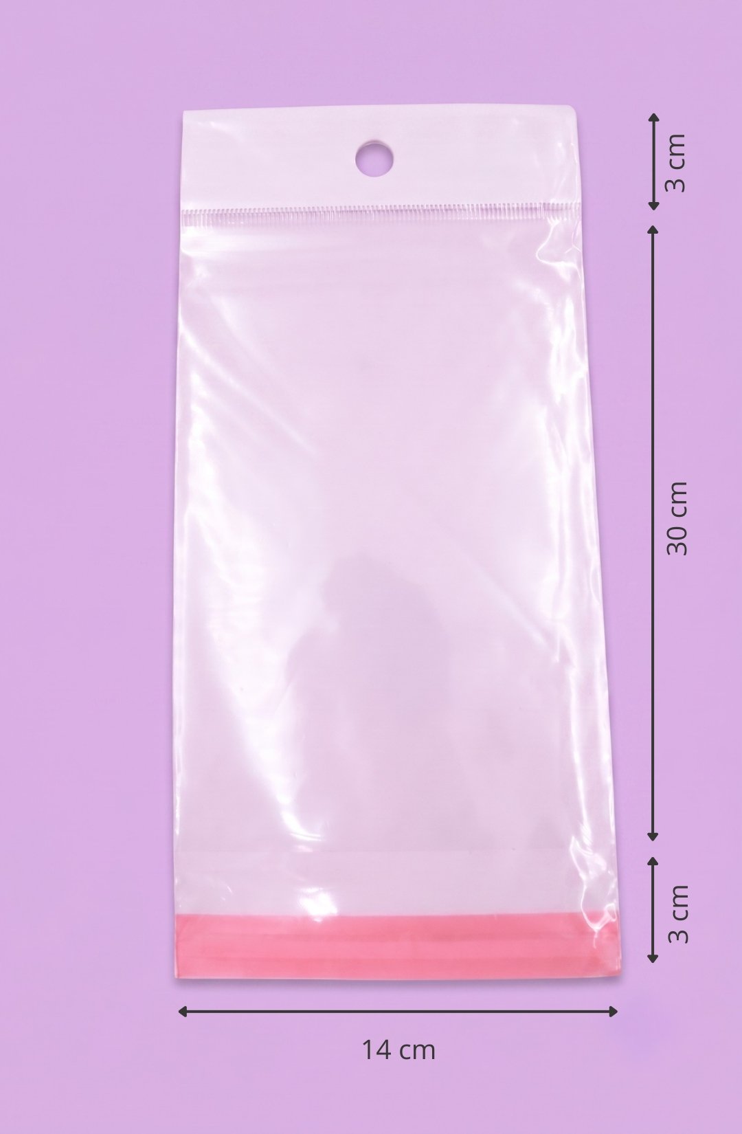 Bolsa de polipropileno transparente con cenefa, euroslot y cierre autoadherible, medida 14x30+3+3 cm, para empaque de productos al mayoreo