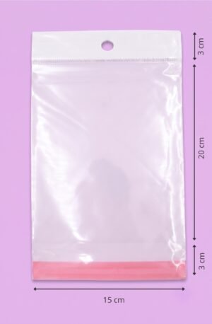 Bolsa de polipropileno transparente con cenefa, euroslot y cierre autoadherible, medida 15x20+3+3 cm, para empaque de productos al mayoreo