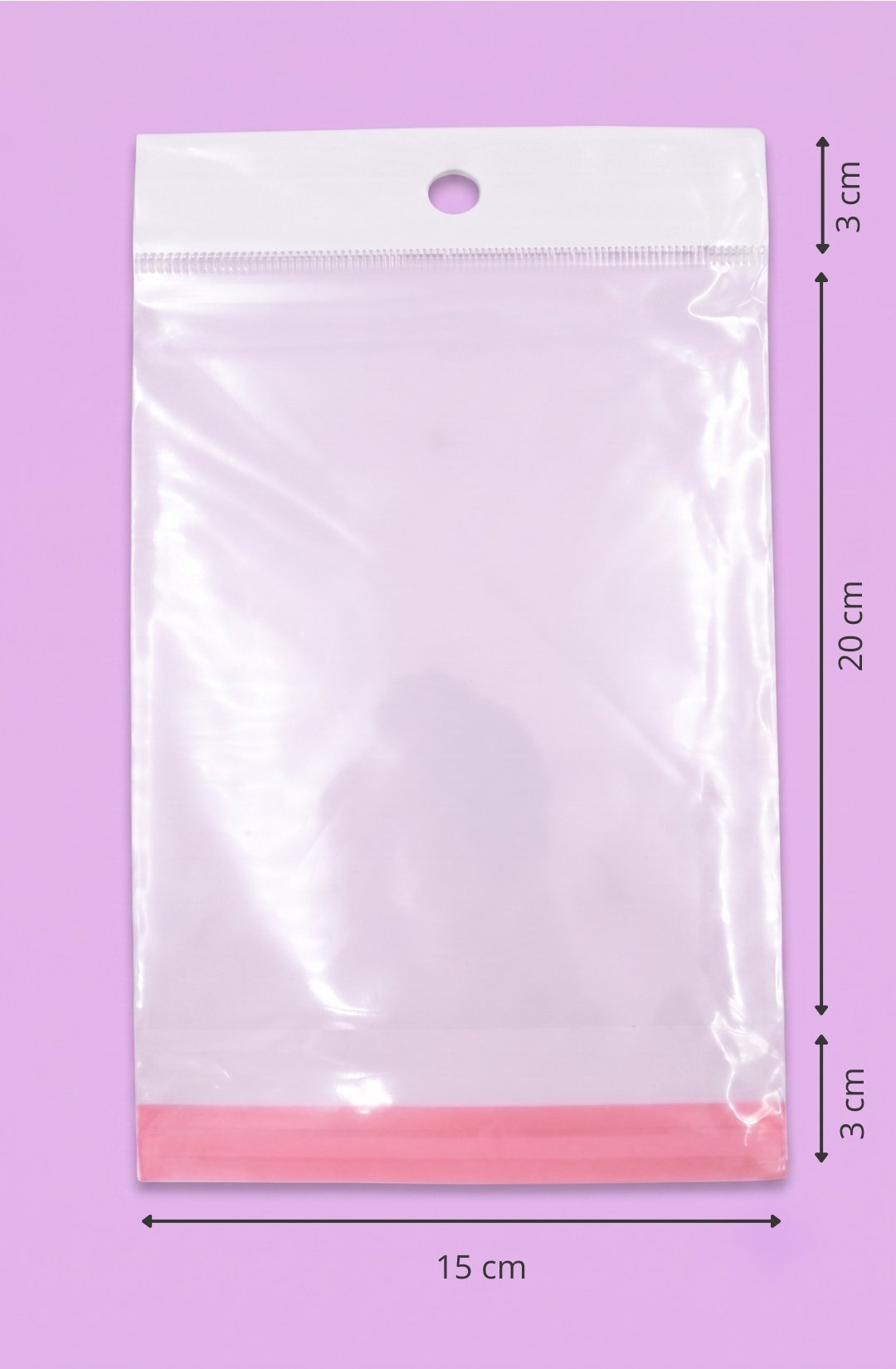 Bolsa de polipropileno transparente con cenefa, euroslot y cierre autoadherible, medida 15x20+3+3 cm, para empaque de productos al mayoreo