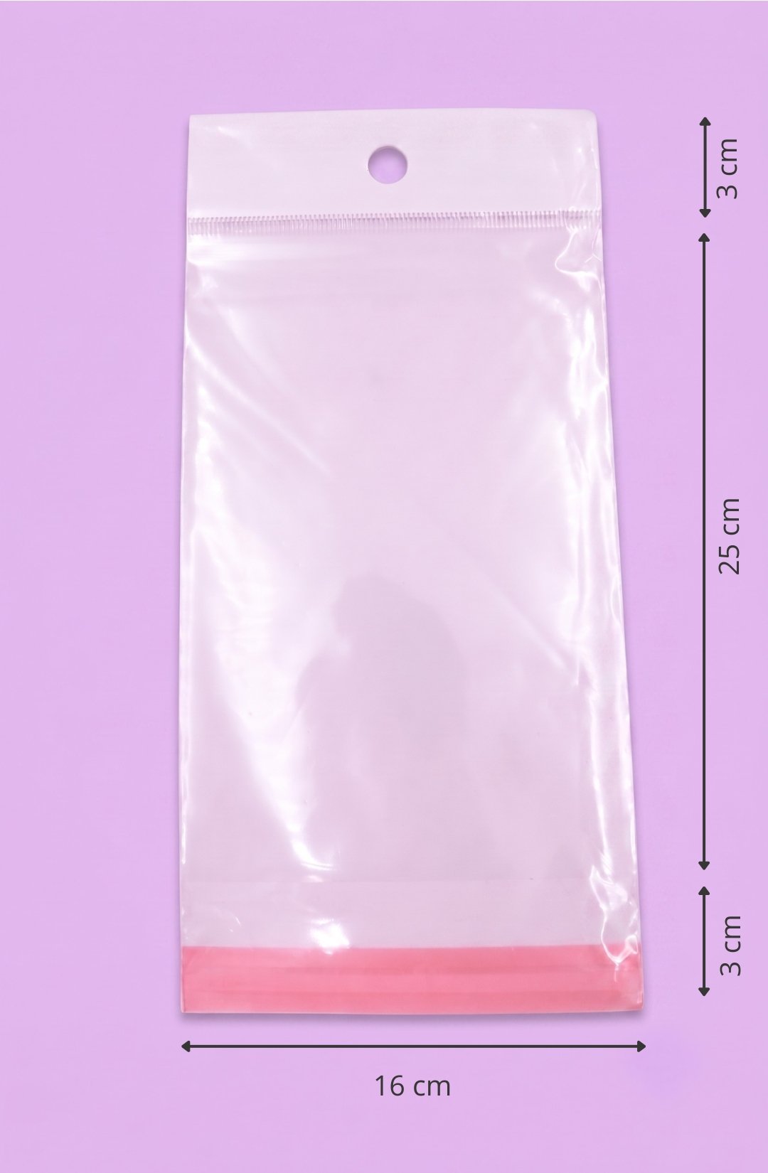 Bolsa de polipropileno transparente con cenefa, euroslot y cierre autoadherible, medida 16x25+3+3 cm, para empaque de productos al mayoreo