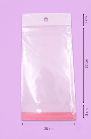 Bolsa de polipropileno transparente con cenefa, euroslot y cierre autoadherible, medida 20x30+3+3 cm, para empaque de productos al mayoreo