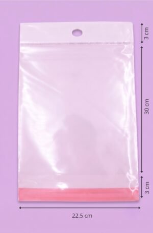 Bolsa de polipropileno transparente con cenefa, euroslot y cierre autoadherible, medida 22.5x30+3+3 cm, para empaque de productos al mayoreo