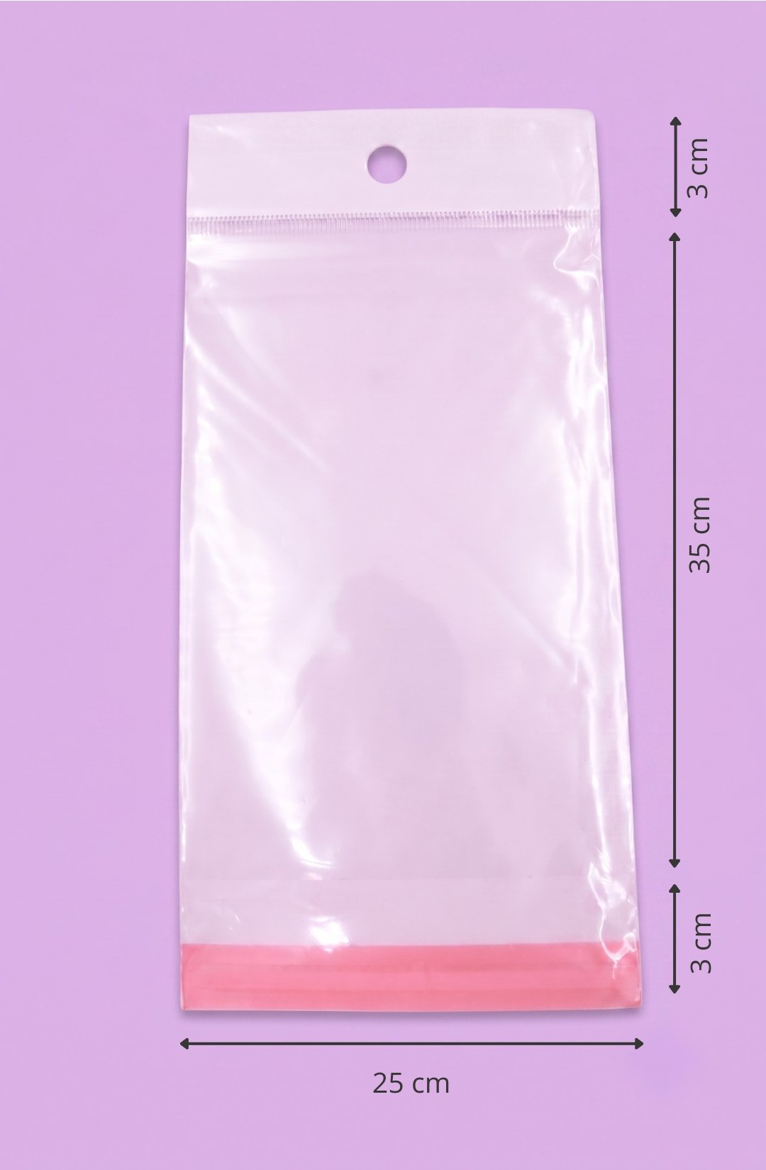 Bolsa de polipropileno transparente con cenefa, euroslot y cierre autoadherible, medida 25x35+3+3 cm, para empaque de productos al mayoreo