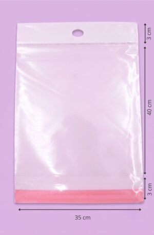 Bolsa de polipropileno transparente con cenefa, euroslot y cierre autoadherible, medida 35x40+3+3 cm, para empaque de productos al mayoreo