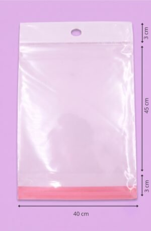 Bolsa de polipropileno transparente con cenefa, euroslot y cierre autoadherible, medida 40x45+3+3 cm, para empaque de productos al mayoreo