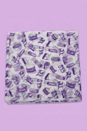 Papel encerado para alimentos 30x30 cm diseño morado fast food, hamburguesa, hot dog y papas, venta al mayoreo