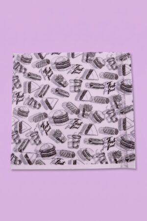 Papel encerado para alimentos 30x30 cm diseño negro fast food, hamburguesa, hot dog y papas, venta al mayoreo