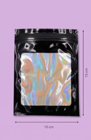 Bolsa zipper negra con fondo holográfico 10x15 cm con cierre resellable para empaque de productos al mayoreo